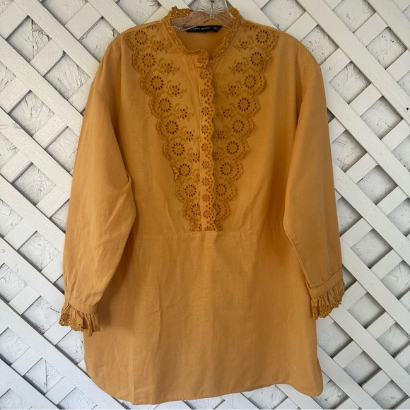 ZARA Dress Tunic Ruffled Embroidery Eyelet Linen Blend Long Sleeve Size XL - Picture 2 of 10